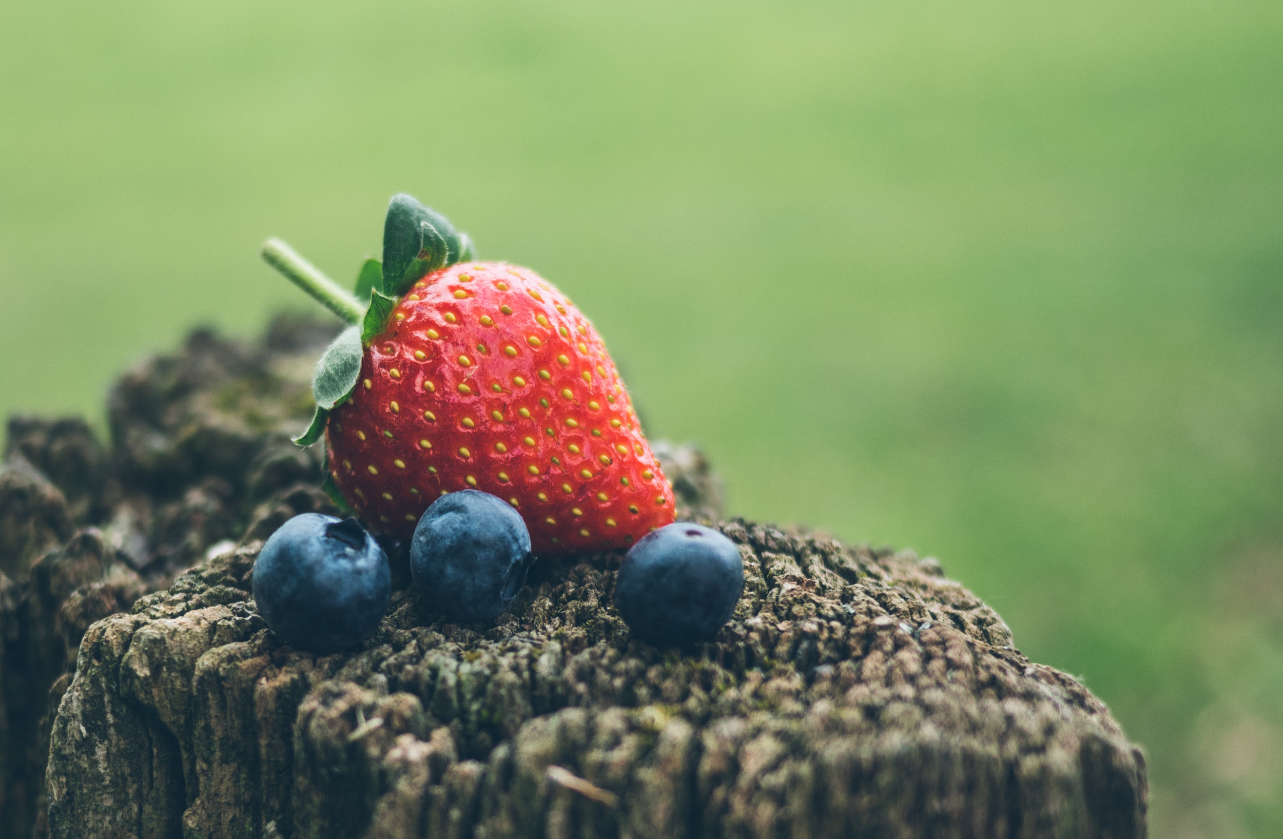 Fresh strawberry and blueberries arranged on a rustic wooden surface, with a blurred green background, highlighting the vibrant colors and textures of the fruits.